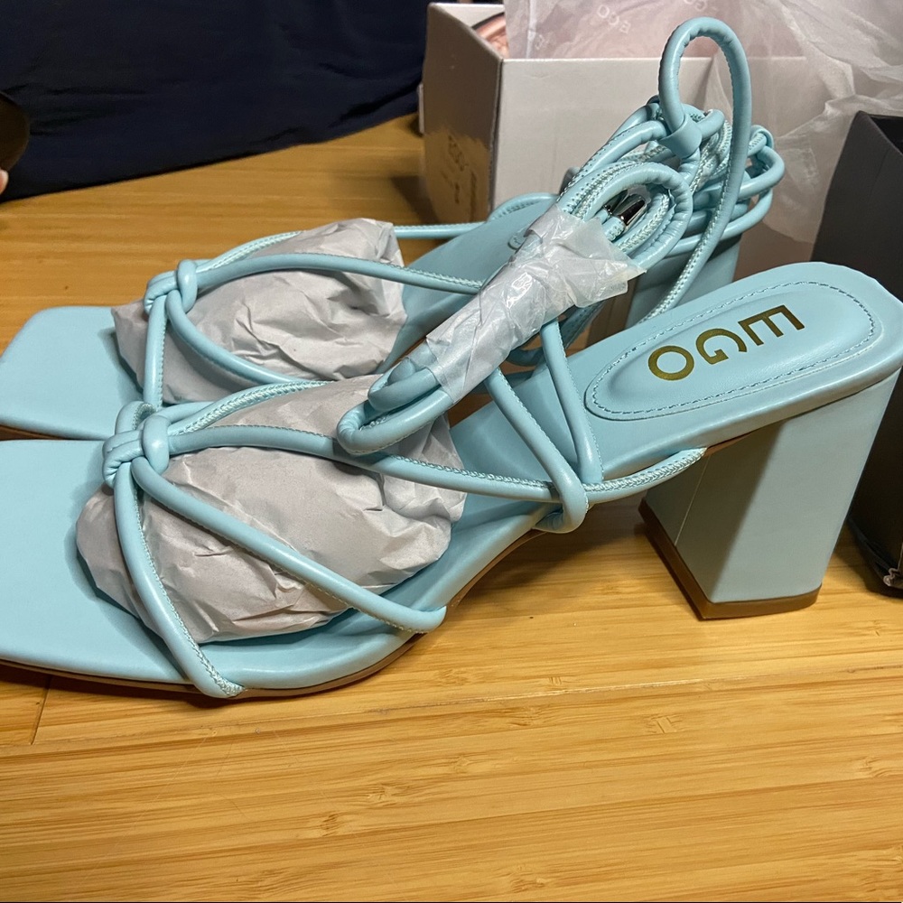 Baby blue leg wrap block heels